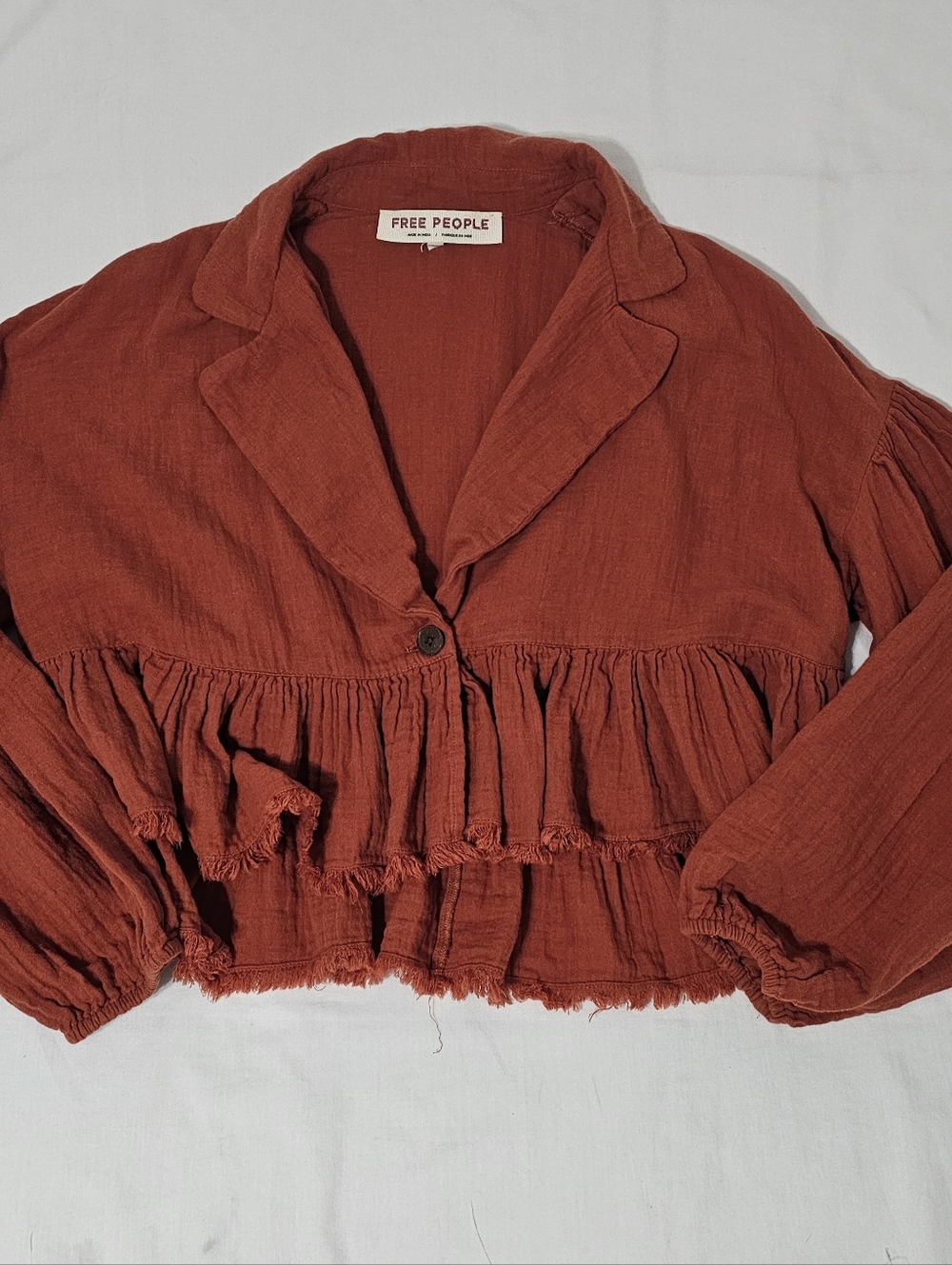 Free People Rust Orange Ruffle Crop Jacket Top XS Boho Cottagecore Cotton Gauze - Picture 4 of 8